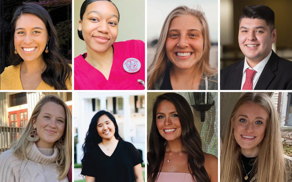 DCH BSN Scholarship Recipients: TOP Left to Right: Paola Araque, Jordan Beckham, Abby Christensen, Javier Figueroa. BOTTOM Left to Right: Alisha Isbell, Amber Liu, Carly Stegall, Madeline Stoettner