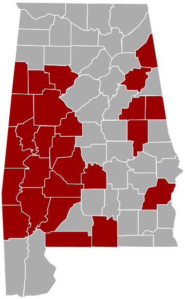 map of the state of alabama in grey with some counties colored red