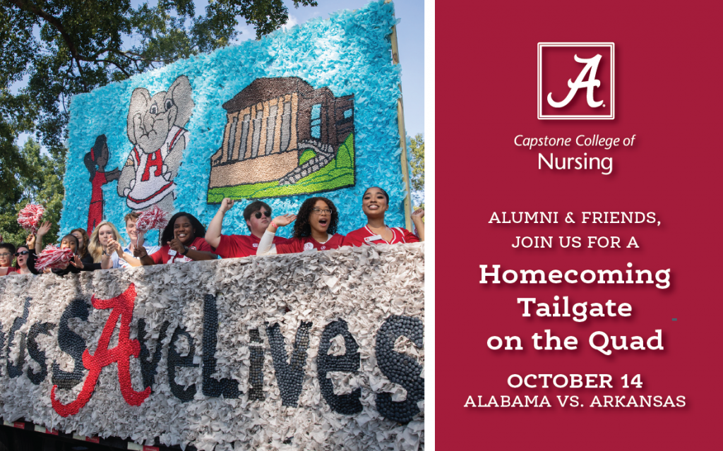 Nursing students dressed in Alabama garb cheering from Homecoming float