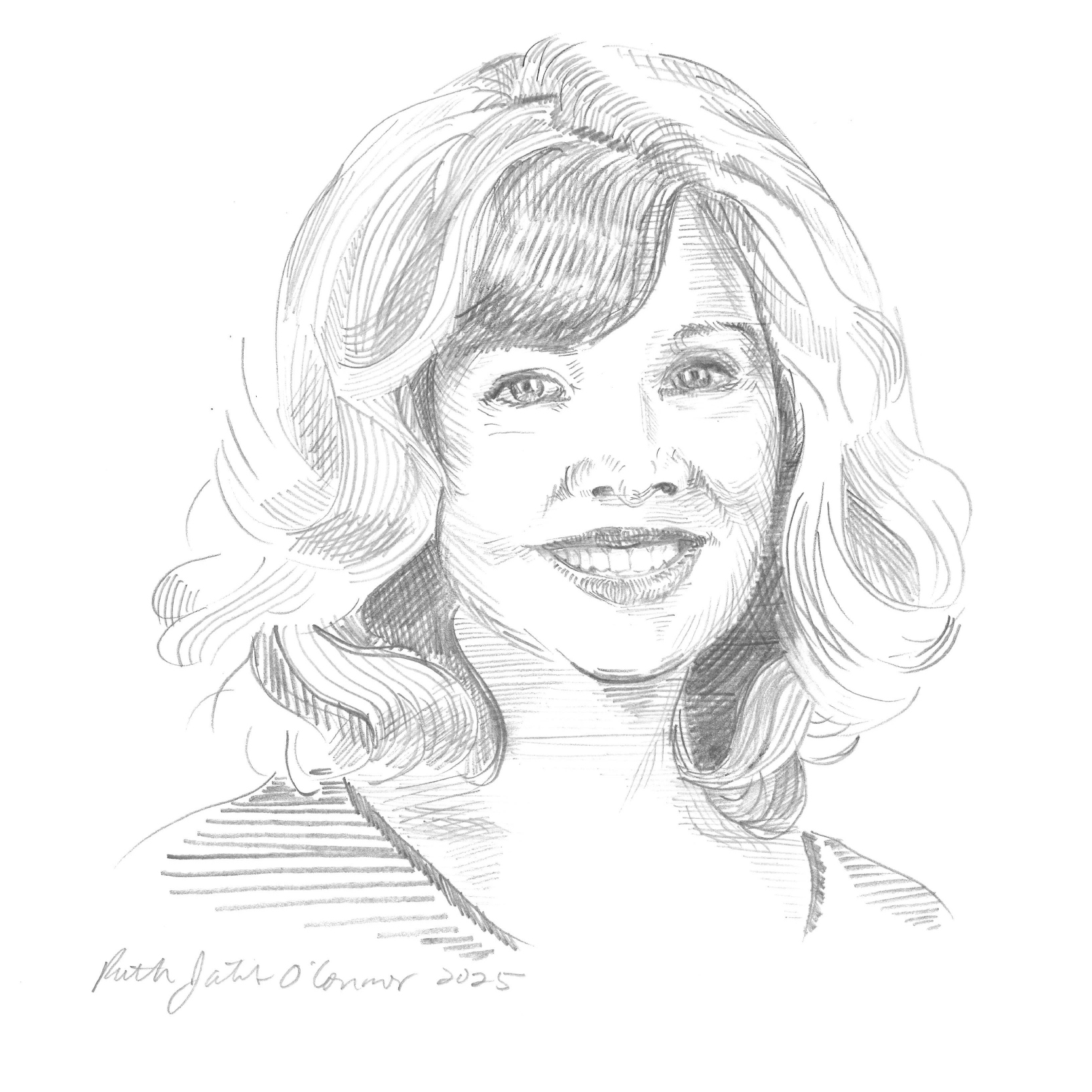 Black and white pencil sketch of Lisa Mestas