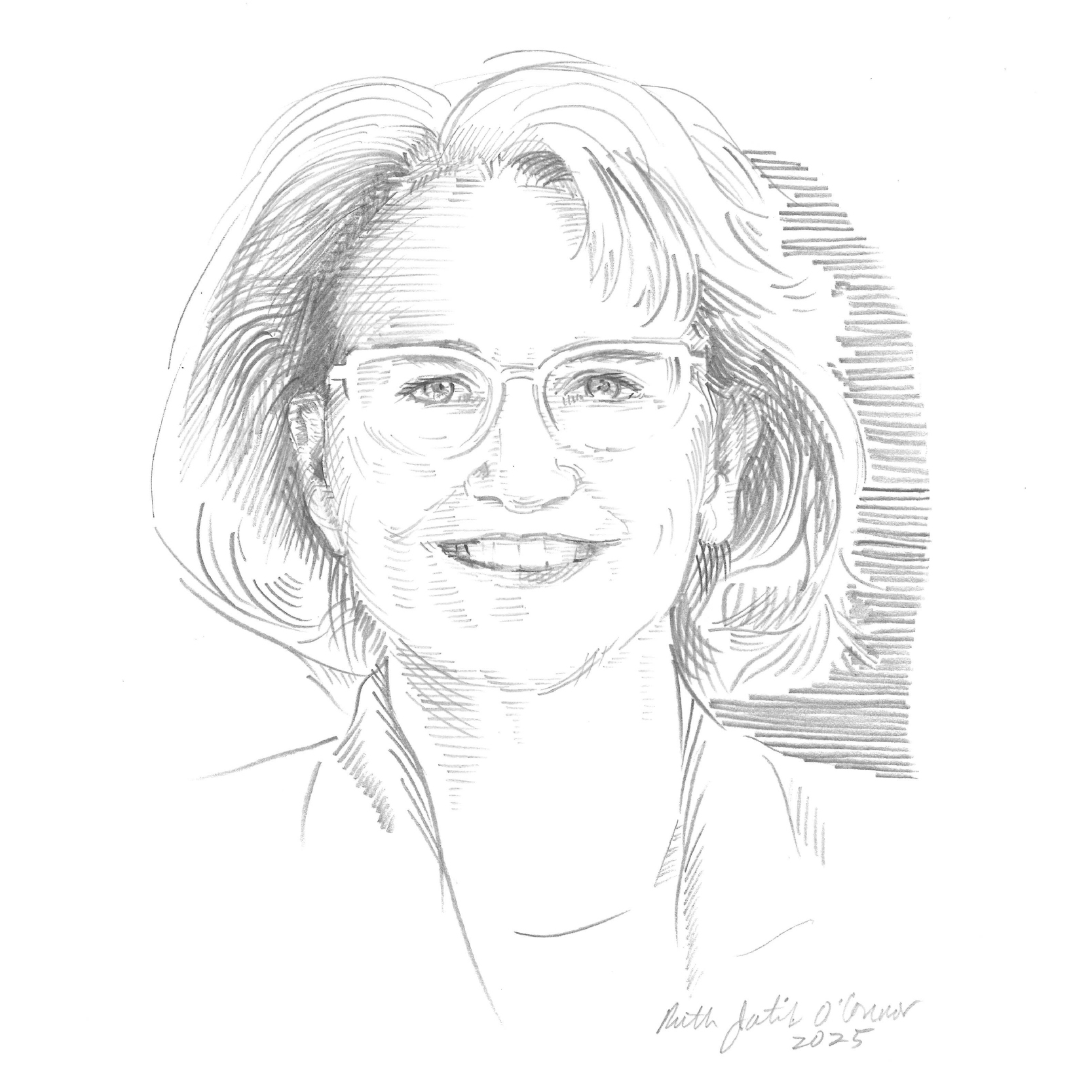 Black and white pencil sketch of Lisa Mestas 