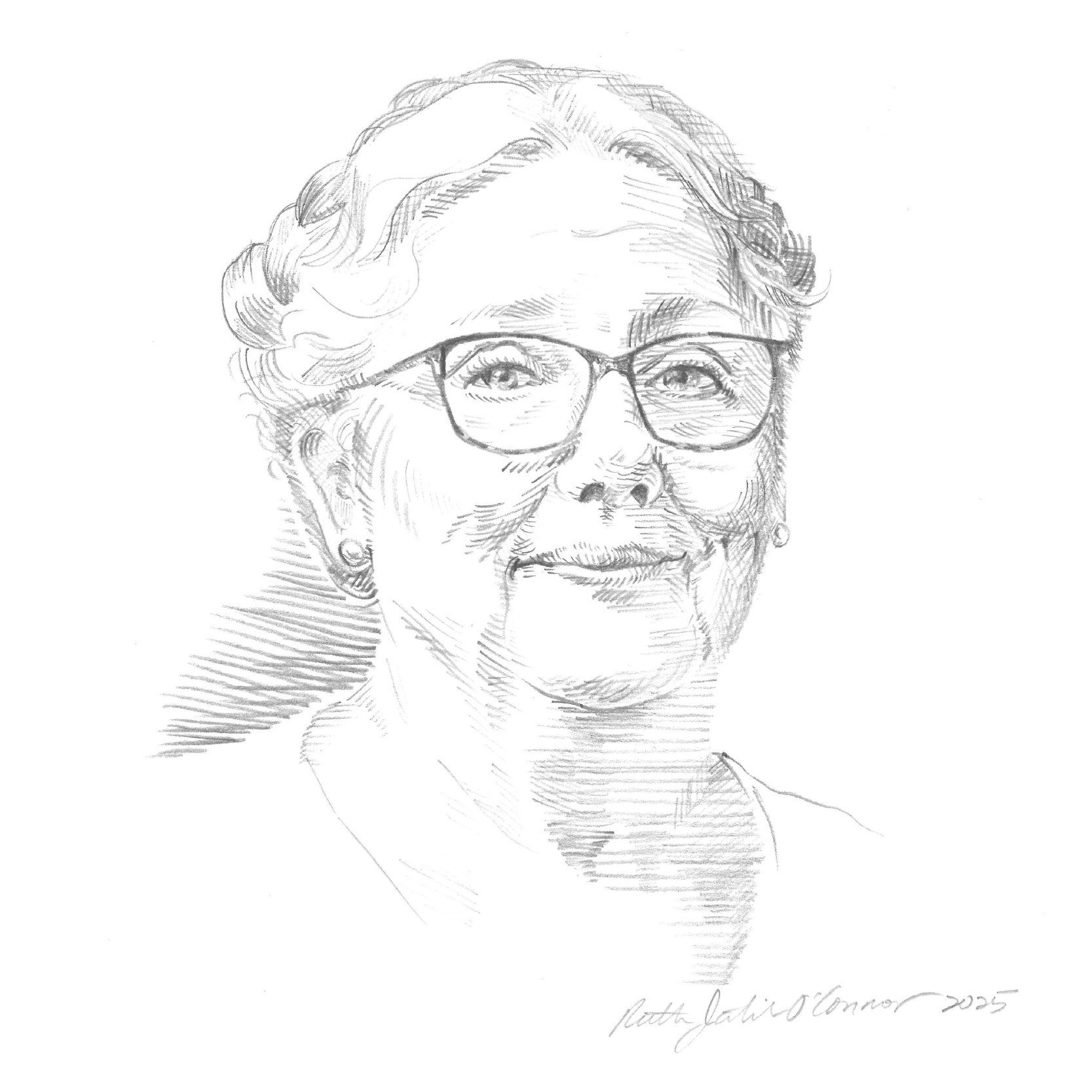 Black and white pencil sketch of Lisa Mestas