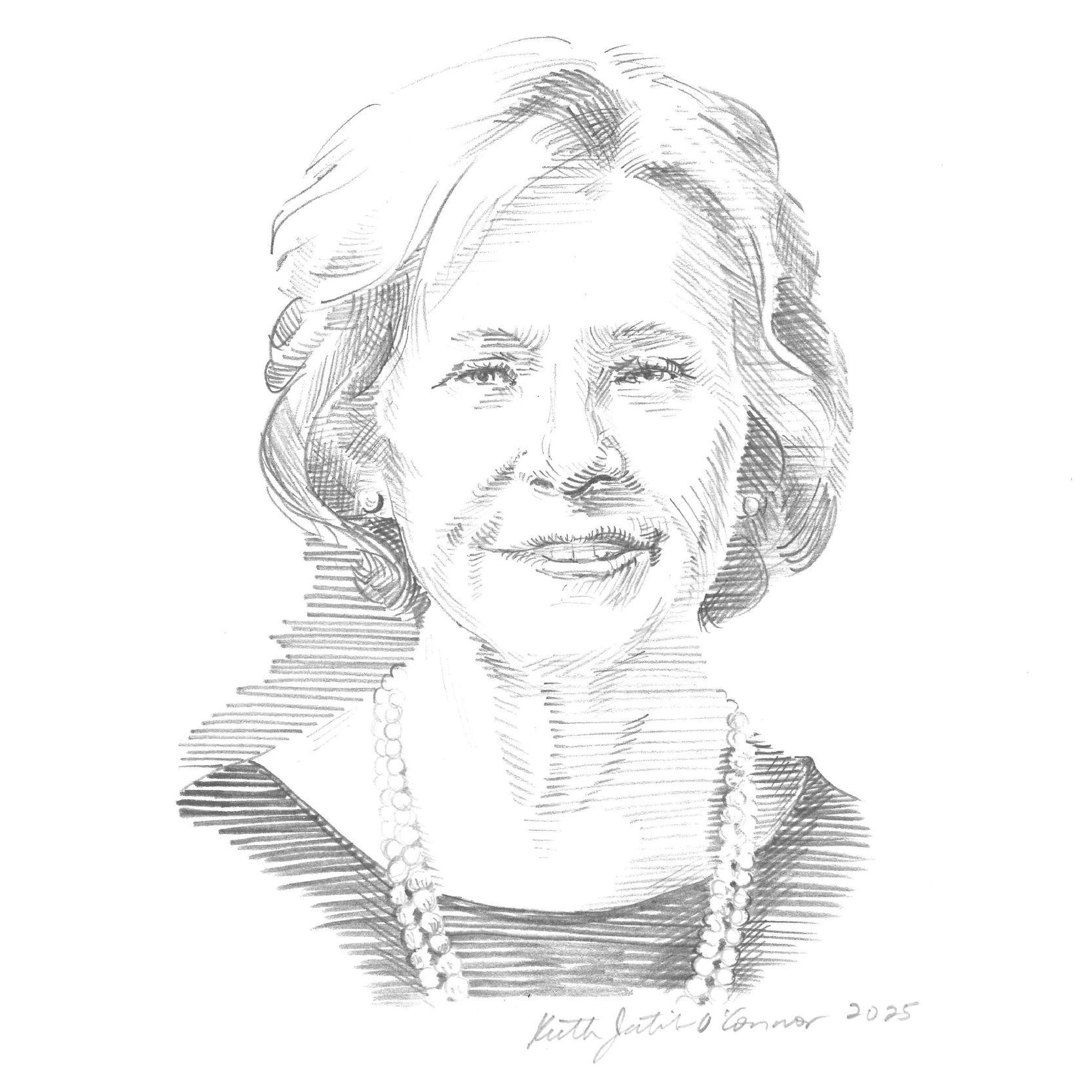Black and white pencil sketch of Lisa Mestas