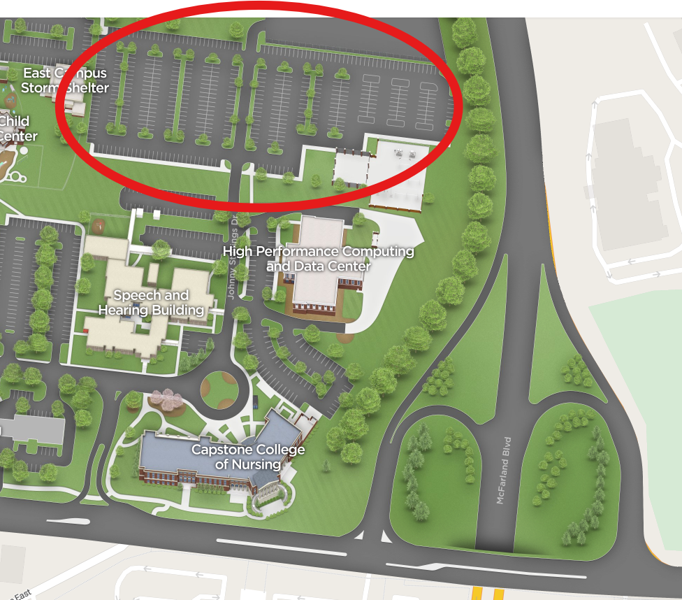 Map showing an aerial view of the area surrounding the nursing building with the east commuter lot circled.